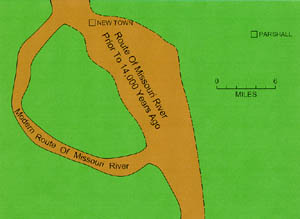Schematic map showing the old route of the Missouri River at New Town